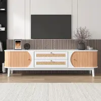 Aiorber Buffet TV 170 cm de style rustique naturel avec façades en bois, tiroirs en rotin, portes & espace de rangement - Blanc Bois
