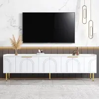 Aiorber Buffet TV moderne 170 cm avec porte structurée, poignée et pied dorés, espace de rangement flexible & gestion des câbles - Blanc