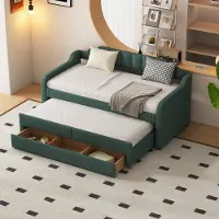 Aiorber Canapé-lit, 90x200cm(190cm), lit de jour avec caisson à roulettes, avec sommier à lattes, 1 tiroir long,lin,lit d'enfant Canapé-lit,pour chambre d'amis,vert