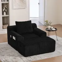 Aiorber Fauteuil XXL en velours côtelé, fauteuil de lecture avec coussin, fauteuil relax 1 place avec poches latérales, rembourrage moelleux, à monter soi-même, fauteuil lounge moderne noir