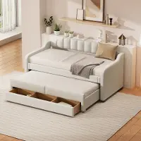 Aiorber Canapé-lit, 90x200cm(190cm), Lit de jour avec caisson à roulettes, avec sommier à lattes,1 tiroir long,lin,Lit d'enfant Canapé-lit,pour chambre d'amis,Beige