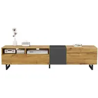 Aiorber Armoire TV Colorblock, design simple de couleur contrastée, trois portes et deux compartiments, pieds métalliques en forme de U, veinage de bois rétro