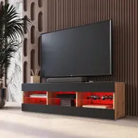 Extreme Furniture Banc TV Tivoli RTV Komodee - LED RVB - Noir et Bois Naturel - Facades en Mat - 140 x 41 x 35 cm