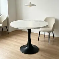 SUCCESS COURIER Table à manger ronde de 80 cm, motif marbre blanc, piètement en métal noir