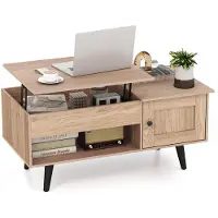 Costway Table basse avec plateau relevable et espace de rangement, table de salon avec compartiment caché, armoire et étagère ouverte Naturel