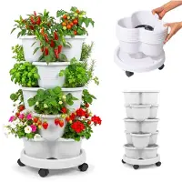 Relaxdays Tour à plantes , jardin vertical, empilable, sur roulettes, H x P : 66 x 33 cm, tour à fraises à 5 étages, PP, blanc