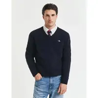Gant pour homme. 87212 Pull à col en V marine (S), Casuel, Laine, Manche longue