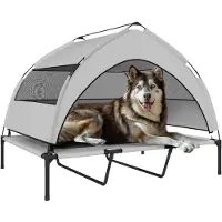 SUGIFT , lit surélevé pour chiens de grande taille, transat pour chiens d'extérieur avec toit, tissu en polyester respirant, gris clair | Acier | Distance du sol : 23 cm | 122 x 92 x 94 cm