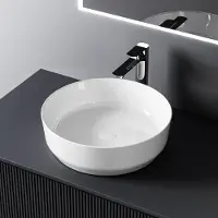 Emke Lavabo à poser rond blanc petit sans trou pour robinet brillant 39 x 39 x 12 cm – Lavabo en céramique pour salles de bains modernes