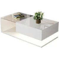 StarTech.com Table basse - Table de salon - Finition brillante - Éclairage LED - Plateau en verre - Avec espace de rangement - 105 × 55 × 32,5 cm - Blanc