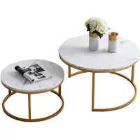 StarTech.com Lot de 2 tables gigognes - Tables rondes de salon/d'appoint - Peu encombrantes, s'emboîtent les unes dans les autres - Aspect marbre - Piètement en métal - 80 x 80 x 45 cm et 60 x 60 x 33 cm - Doré