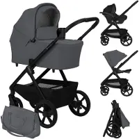 Lionelo Poussette Carmine 3 en 1 avec siège auto i-Size, nacelle et poussette canne, roues GravelTech, suspension, UPF 50+, gris