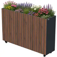 Zelsius Jardinière surélevée en acier galvanisé avec roulettes, 120 x 30 x 80 cm, anthracite RAL 7016, aspect bois de noyer