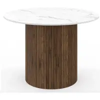 OEM Table de salle à manger ronde pour 6 personnes avec pied central, aspect lamelles de noyer et effet marbre blanc, 110 cm