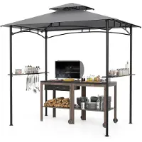 Costway Pavillon de barbecue 242x150cm, Pavillon de jardin avec double toit & 2 étagères latérales & 6 crochets, Pavillon BBQ, Abris pour grillades
