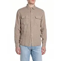 Replay pour homme. M4147.000.81388B Chemise en lin Coupe régulière vert (XL), Casuel, Manche longue