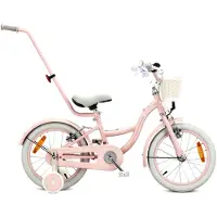 Sun baby Vélo pour filles Vélo pour enfants 16 pouces avec poignée de poussée, roues stabilisatrices, panier, sonnette, freins V-Brake et autocollants Vélo rétro à fleurs