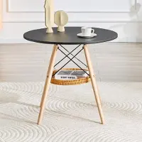 SUCCESS COURIER Table à manger ronde Ø 80 cm – plateau en MDF noir, pieds en bois massif, panier de rangement suspendu tressé, pour 2 à 4 personnes, design élégant pour les pièces à vivre, noir/bois