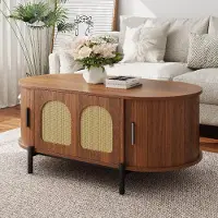 Merax Table basse ovale avec portes coulissantes en rotin, table de salon en MDF aspect bois, table de salon avec pieds en métal et espace de rangement, noyer