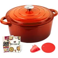 Unyqoos Overmont, cocotte en fonte émaillée, diamètre 26 cm, avec couvercle, couleur orange – idéale pour braiser, saisir et cuire au four, inclut un livre de recettes et des accessoires en silicone