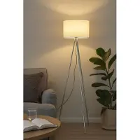 Braytron Lampadaire à 3 pieds, 155 cm, E27, style moderne, avec abat-jour, pour salon, lampe sur pied, éclairage par le haut, beige