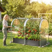 Costway 3 en 1 : jardinière surélevée en métal avec serre, couverture en PVC et 2 fenêtres, serre en plastique, bac à semis pour herbes aromatiques, parterre de fleurs, 180 x 100 x 145 cm, noir