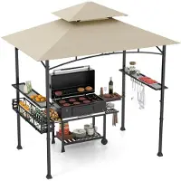 Costway Pavillon de barbecue avec double toit, étagères latérales, panier métallique, crochets et décapsuleur, toits de barbecue résistants aux intempéries, 242 x 153 x 250 cm, beige