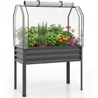 Costway Potager surélevé 3 en 1 avec bâche en PE et porte coulissante, potager surélevé en métal galvanisé, serre, bac à fleurs 112 x 55 x 152 cm, gris