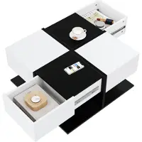 Sweiko Table basse moderne noire blanche 70×70×35,5 cm avec 2 tiroirs, table de salon carrée avec espace de rangement, table basse haute brillance avec glissières de tiroir douces