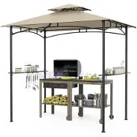 Costway Pavillon de barbecue avec double toit, 2 étagères latérales et 6 crochets, pavillon de barbecue, abri de barbecue résistant aux intempéries, abri de barbecue 242 x 150 x 250 cm, beige