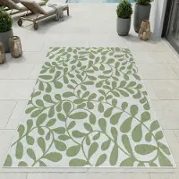 Carpetia Tapis d'extérieur moderne vert et blanc à motif de feuilles, format terrasse - 80 x 200 cm