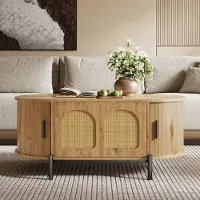 Merax Table basse ovale avec portes coulissantes en rotin, table de salon en MDF aspect bois, table de salon avec pieds en métal et espace de rangement, couleur naturelle