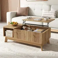 Merax Table basse à fonction de levage, design ondulé, table de salon en MDF avec espace de rangement et compartiment ouvert, table basse relevable, table d'appoint, couleur naturelle