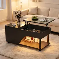 Merax Table basse réglable en hauteur avec éclairage LED, table de salon brillante avec espace de rangement dissimulé, table d'appoint à plateau relevable avec compartiments de rangement, noir