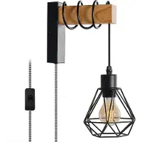 Alpinaluz Applique murale vintage en bois naturel avec abat-jour en forme de cage noire, câble et fiche tressés, douille E27, hauteur réglable