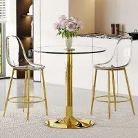 SUCCESS COURIER Ensemble de bar, table ronde en verre de 89 cm + 2 tabourets de bar transparents, pieds dorés, design suspendu
