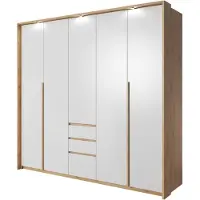 3Xeliving Armoire, blanche avec placage chêne doré, dimensions : 229 cm de hauteur, 4 x 215,5 x 65 cm