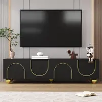 Fortuna Meuble TV Lai, meuble bas avec portes structurées, ornements dorés, pieds ronds dorés, étagères incluses, système push-to-open