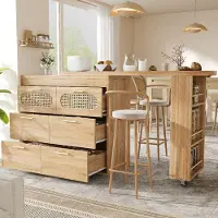 Flieks Table de bar avec 6 tiroirs et portes en rotin PE, table haute pivotante à 360° avec dispositif anti-basculement, table de bistrot 128-203 x 39 x 90 cm, couleur naturelle