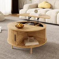 Merax Table basse ronde avec montants verticaux, table de salon réglable en hauteur avec porte coulissante et espace de rangement, table de salon avec pieds en bois massif, finition naturelle