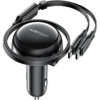 Acefast Chargeur de voiture B13, 53W, 2xUSB-C, avec câble rétractable (noir), Adaptateur pour véhicule, Noir