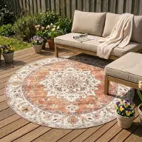 FRAAI Tapis d'extérieur rond vintage | Santo Medallion terra | Ø 120cm | Terracotta | Rond | Tapis d'extérieur