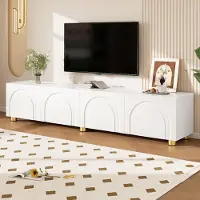 Merax Meuble TV à 4 portes avec relief en arc, meuble TV avec pieds métalliques et espace de rangement, meuble TV au design minimaliste en aggloméré, blanc