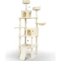 VOUNOT Arbre à chat 215 cm, meuble pour chat à plusieurs étages XXL, avec panier, balles en peluche, troncs épais, arbre à grimper pour chats, beige