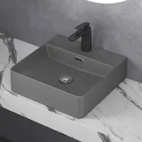 Doporro Lavabo à Poser Gris Noir Mat Vasque Suspendu en Céramique Lave Mains Carrée de Qualité pour Salle de Bain 42x42x12cm Meissen201-420