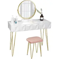 OEM Coiffeuse - Ensemble avec miroir - Miroir de maquillage pivotant à 360 degrés - 3 tiroirs - Revêtement en velours - Blanc/gris