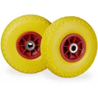 Relaxdays 4 roues pour diable, pneus en caoutchouc plein anti-crevaison, 3,00-4 pouces, axe de 20 mm, charge maximale de 80 kg, roue de secours 260 x 85 mm, jaune-rouge
