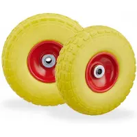 Relaxdays 8 roues pour diable, pneus en caoutchouc plein anti-crevaison, 4.1/3.5-4, axe de 16 mm, charge max. 150 kg, H x P : 26 x 8,5 cm, jaune/rouge