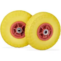 Relaxdays 4 roues pour diable, pneus en caoutchouc plein anti-crevaison, 4.1/3.5-4", axe de 16 mm, charge max. 150 kg, H x P : 26 x 8,5 cm, jaune/rouge