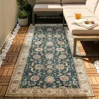 FRAAI Tapis de couloir lavable | Domingo Oriental Vert Foncé | 80x350cm | Vert | Tapis de couloir | Tapis